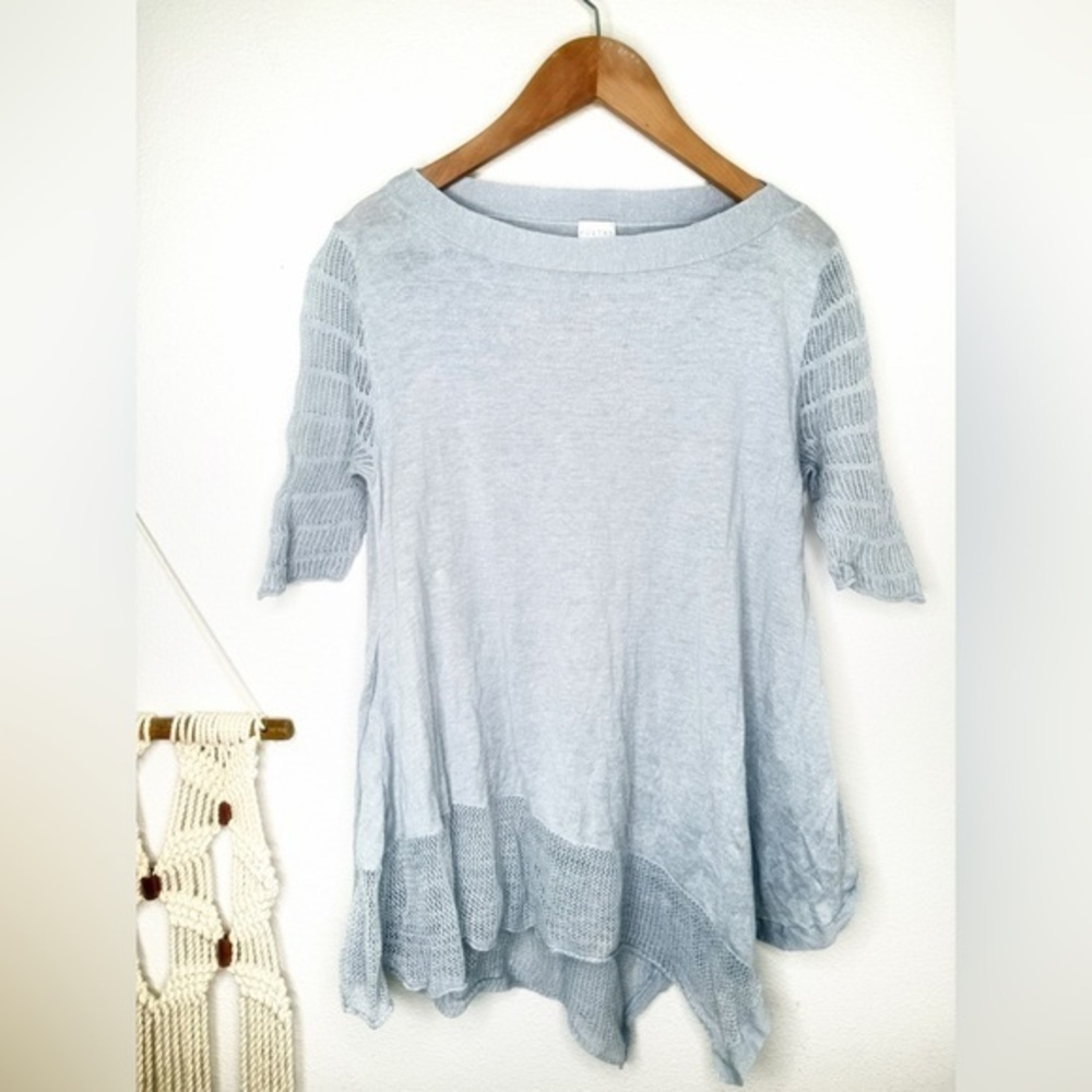 Poetry Grey Blue Asymmetrical Linen Knit top sz 6